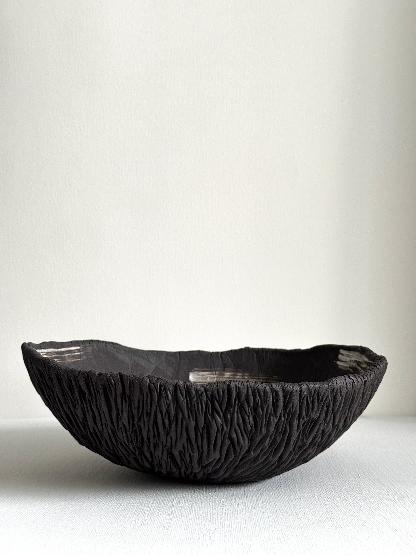 Textured Dark Stoneware Bowl with White Slip Brush Strokes