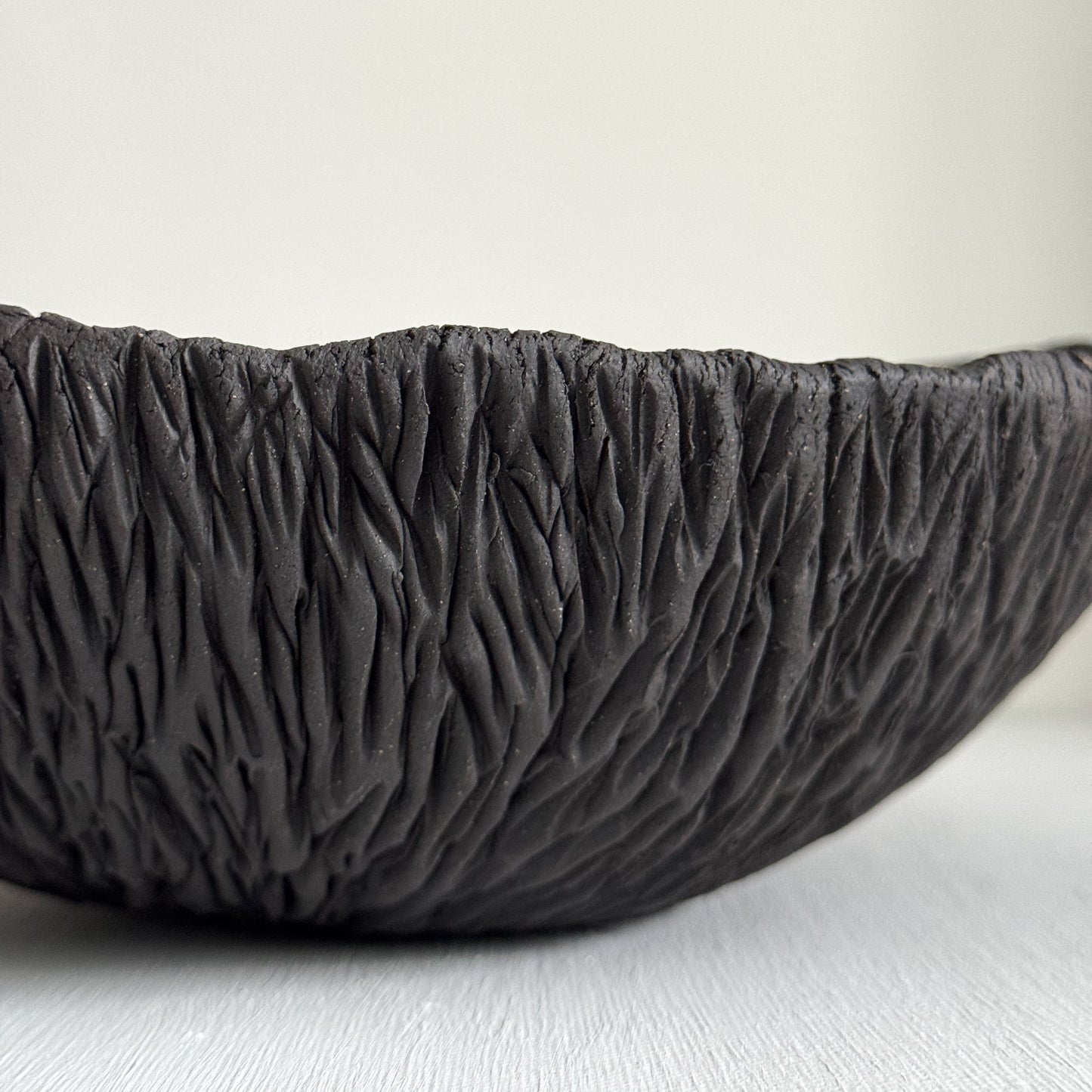 Textured Dark Stoneware Bowl with White Slip Brush Strokes