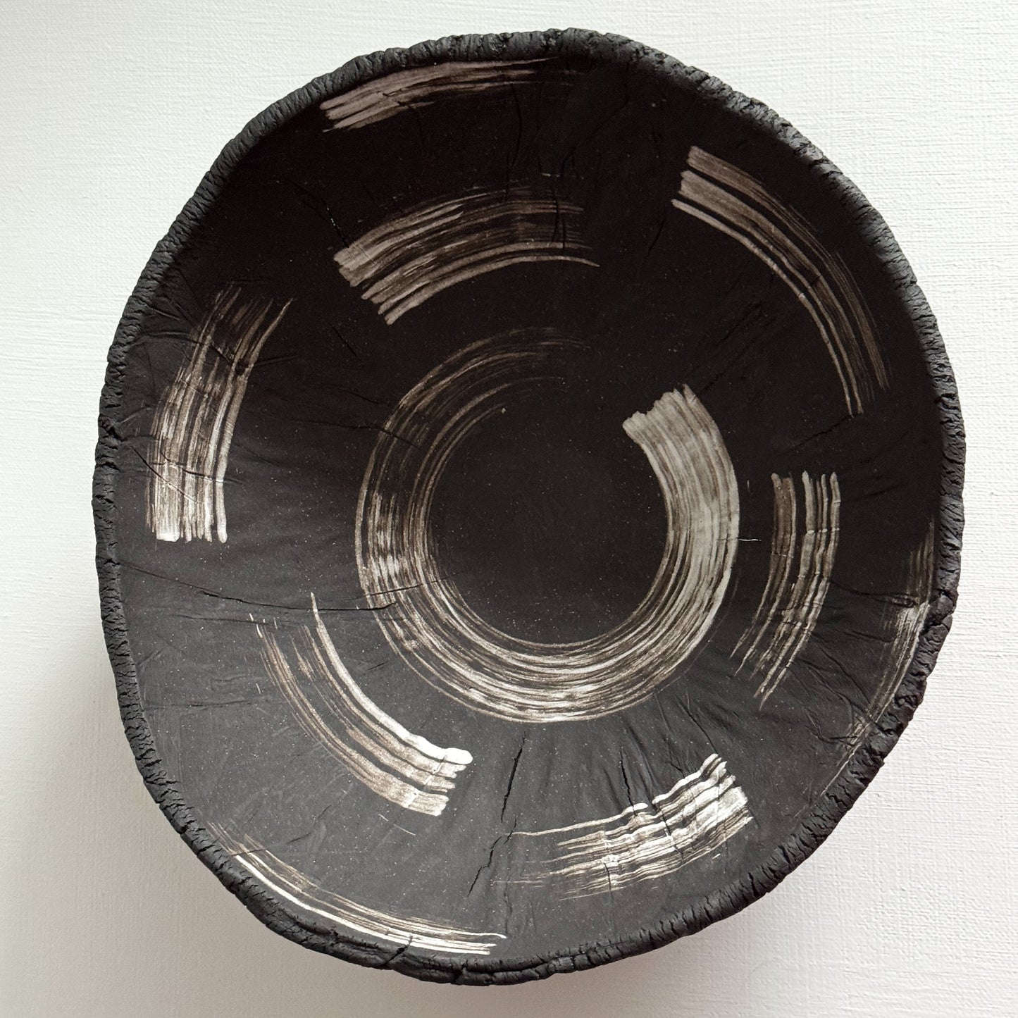 Textured Dark Stoneware Bowl with White Slip Brush Strokes